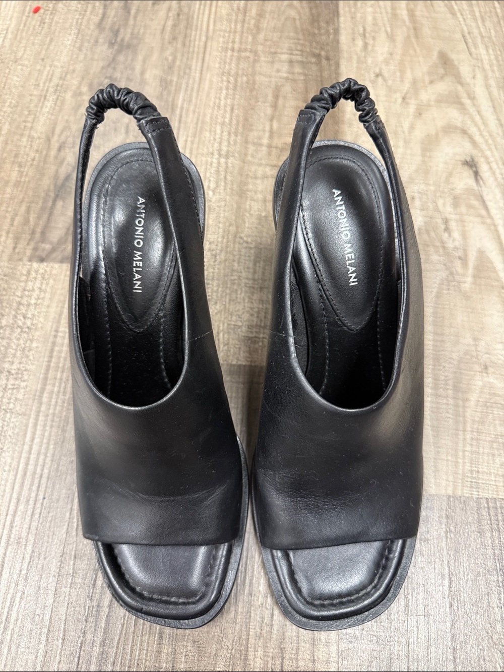 ANTONIO MELANI Black Leather Square-Toe Slingback Mules